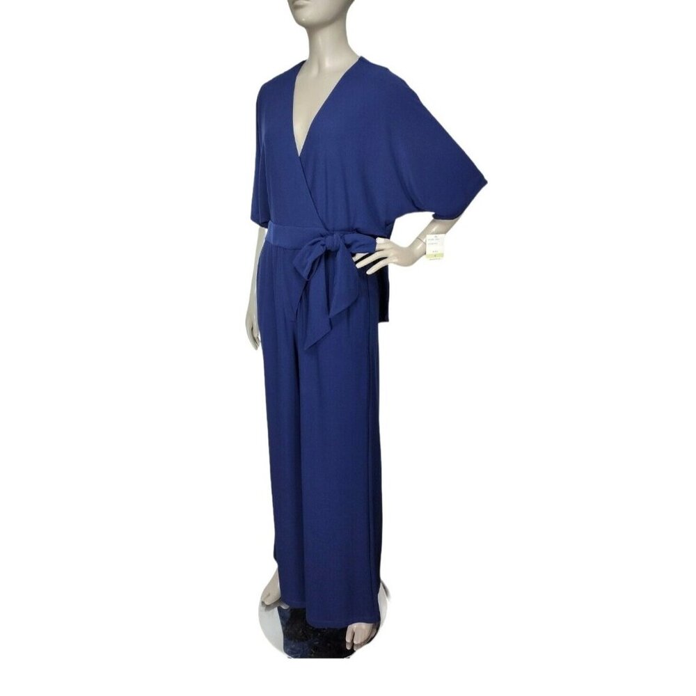 Taylor Women's Navy Blue Slinky Stretch Wide Leg Batwing Tie-Waist Jumpsuit